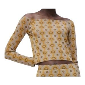Zara Jacquard Geometric Print Knit Long Sleeve Off Shoulder Crop Top Size L